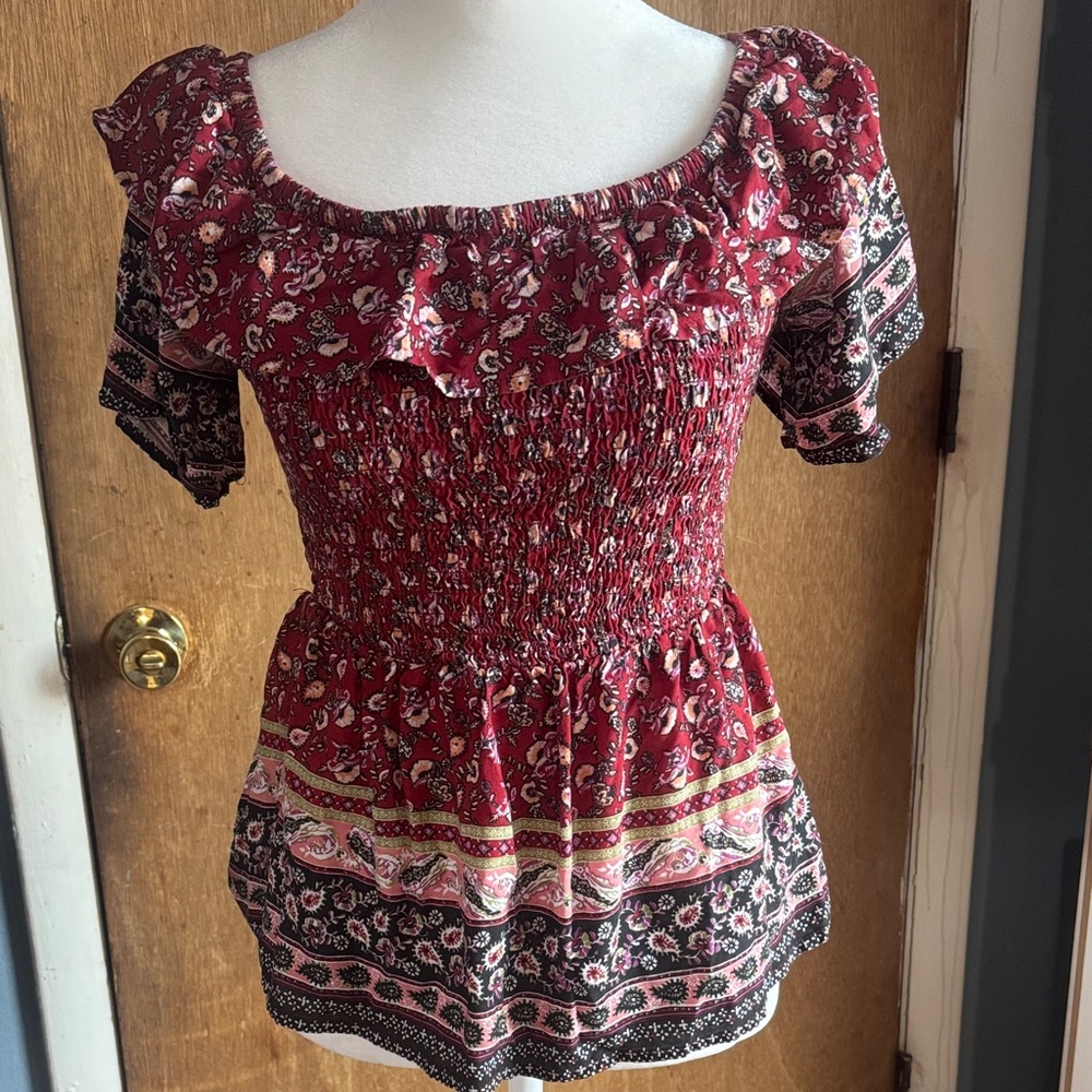 Maurices Red and Black Floral Smocked Blouse